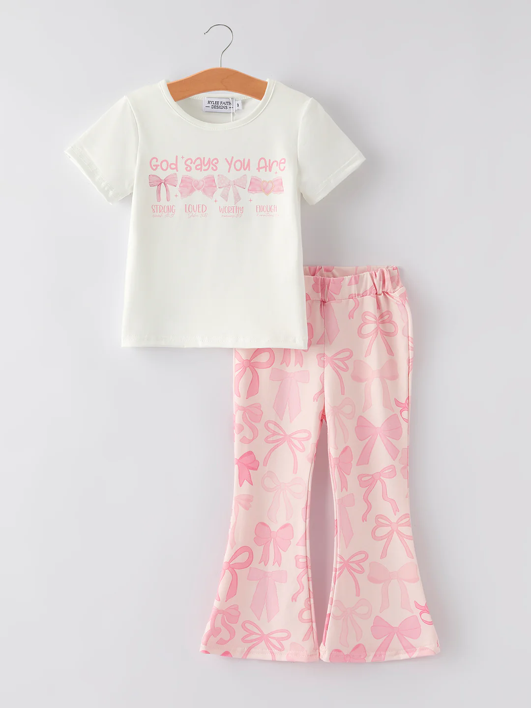 Preorder (moq 5)Baby Girls Short Sleeves Bows God's Says You Are Top Bell Bottom Pant Set