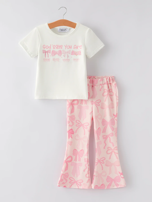 Preorder (moq 5)Baby Girls Short Sleeves Bows God's Says You Are Top Bell Bottom Pant Set