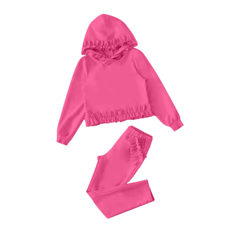 Baby Girls Hotpink Hooded Top Ruffle Legging Pants Clothes Sets Preorder(moq 5)