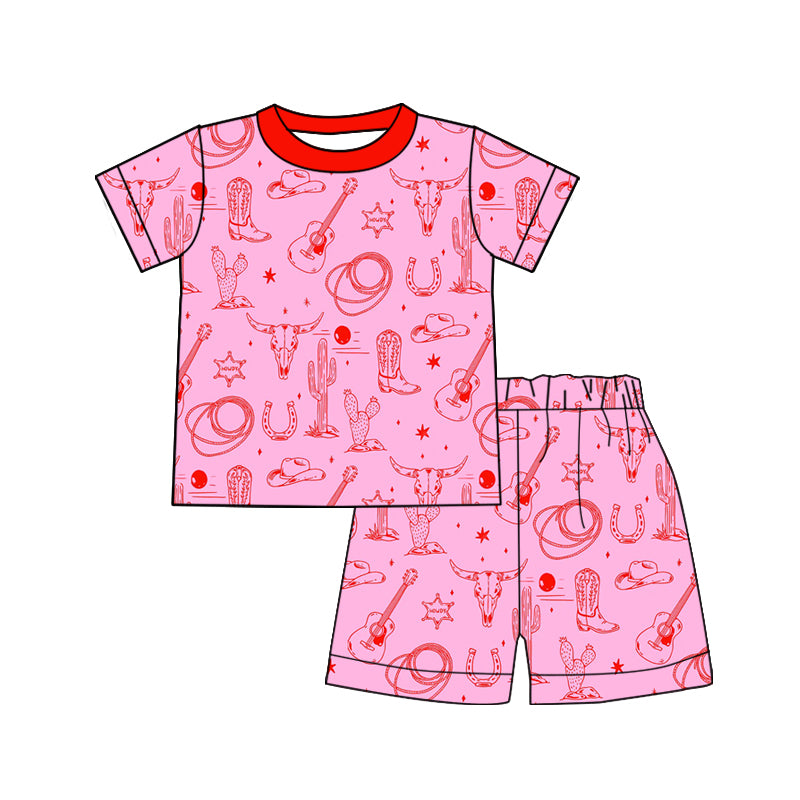 Preorder (moq 5)Baby Girls Bull Skulls Boots Cactus Top Shorts Western Pajamas Sets