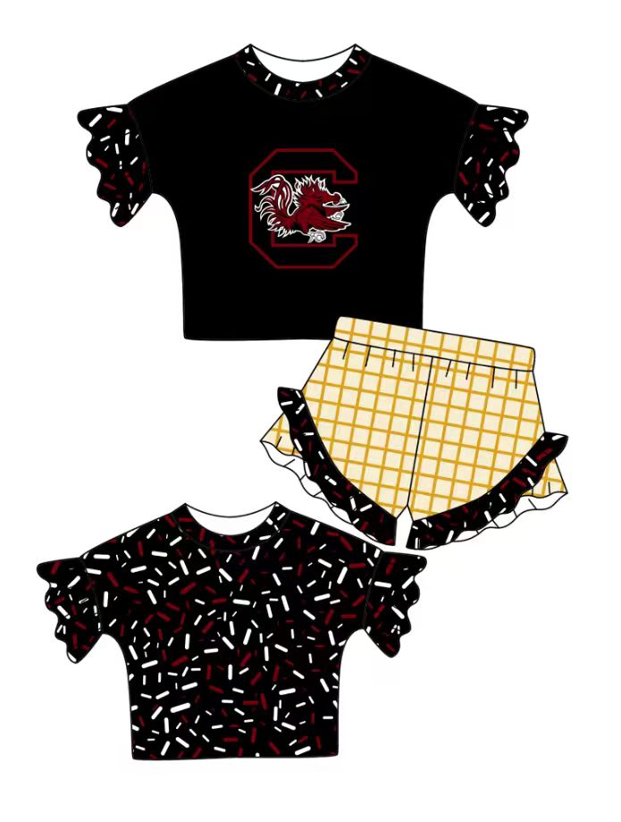 Preorder (moq 5)Baby Girls Black Sprinkles C Bulls Top Checked Ruffle Shorts Team Clothes Set
