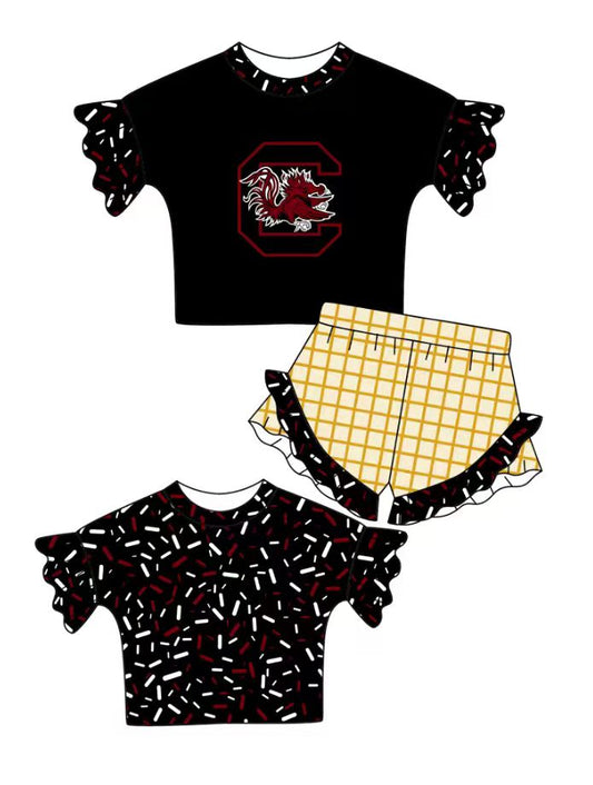 Preorder (moq 5)Baby Girls Black Sprinkles C Bulls Top Checked Ruffle Shorts Team Clothes Set