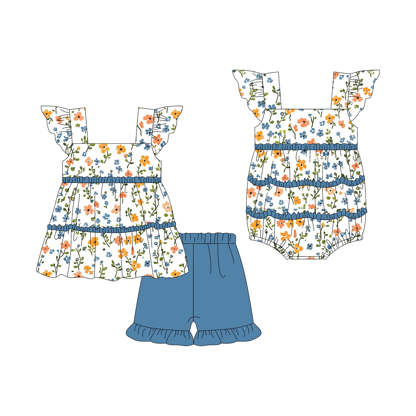 Preorder moq 5 Custom Baby Girls Flutter Sleeves Flowers Tunic Hot Blue Ruffle Short Set Rompers
