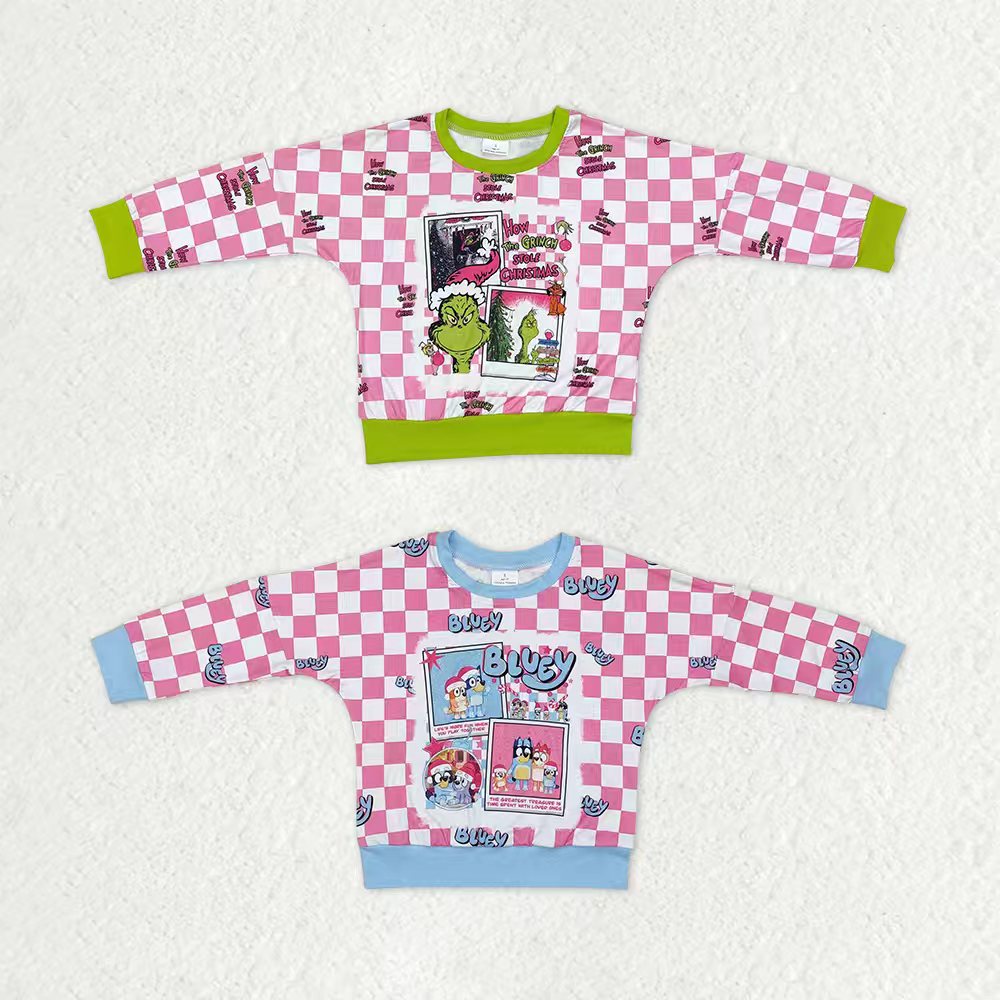 Sibling Baby Girls Checked Long Sleeve Cartoon Dogs Frogs Christmas T-shirts Top