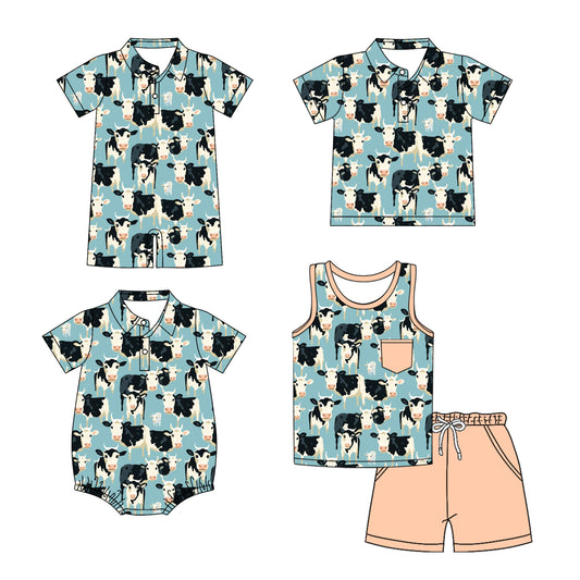 Preorder moq 5 Custom Baby Boys Blue Sleeveless Button Pocket Cows Top Short Set Polo Shirts And Rompers