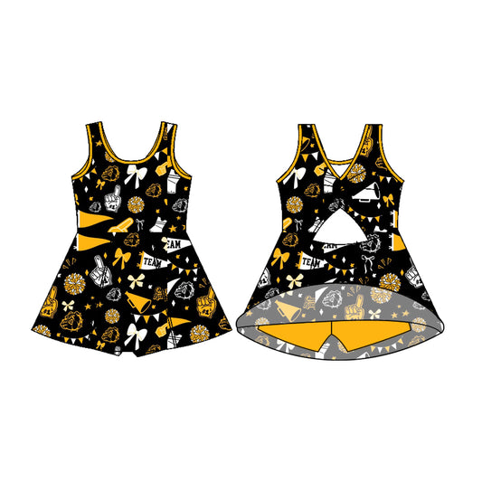 Preorder (moq 5)Baby Girls Sleeveless Black Gold Dogs Football Team Shorts Team Dresses