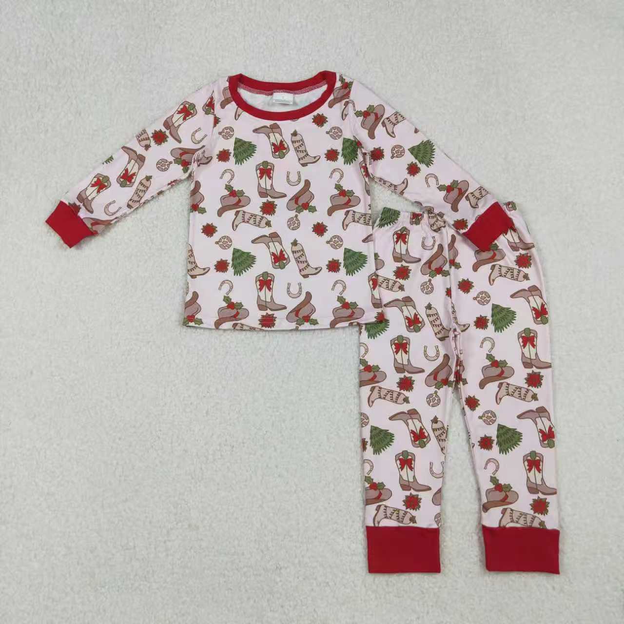 Sibling Baby Girls Boots Holly Trees Christmas Knee Length Dress Zipper Rompers Pajamas Sets