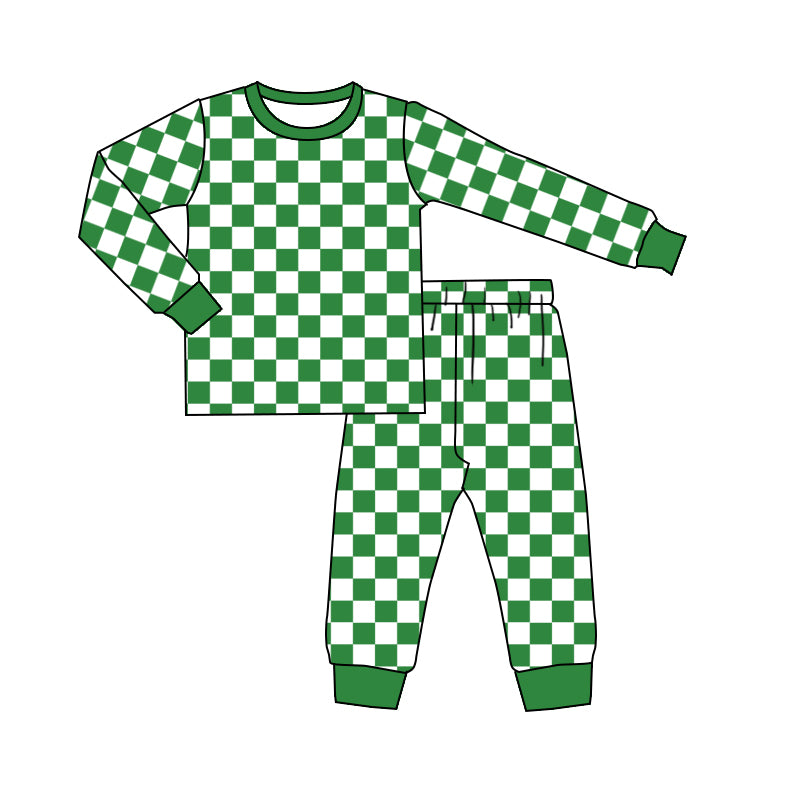 Baby Kids Green Checkered Christmas Bamboo Top Pants Pajamas Clothes Sets Preorder(moq 5)