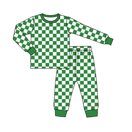 Baby Kids Green Checkered Christmas Bamboo Top Pants Pajamas Clothes Sets Preorder(moq 5)