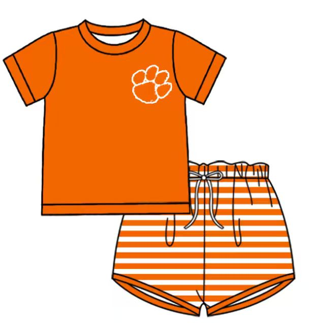 Preorder (moq 5)Baby Boys Orange Pawl Top Stripe Shorts Team Clothes Sets