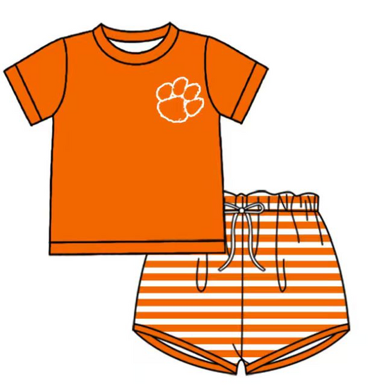 Preorder (moq 5)Baby Boys Orange Pawl Top Stripe Shorts Team Clothes Sets