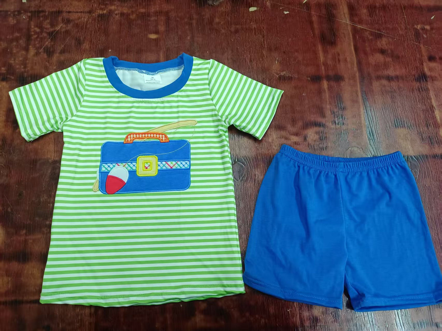 Preorder moq 5 Baby Boys Green Stripe Short Sleeves Fishing Top Blue Short Set