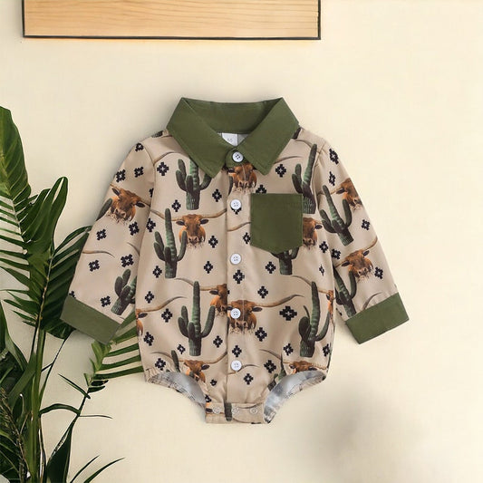 Baby Infant Boys Western Cow Cactus Pockets Rompers preorder(moq 5)