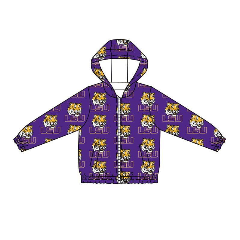 Preorder (moq 5)Baby Boys Long Sleeves Purple Tigers LSU Plaid Pockets Zipper Hoodies Top