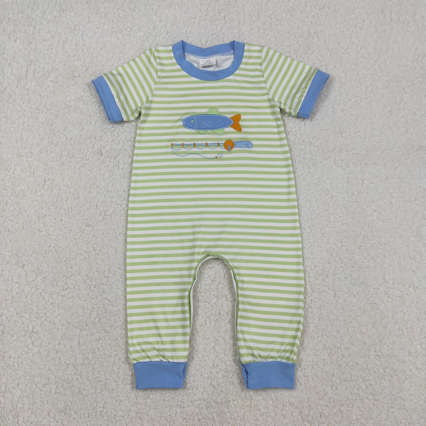 Embroidery Fishing Baby Boys Stripe Hunting Footie Rompers