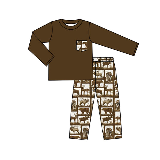 Baby Boys Brown Pocket Shirt Deer Hunting Clothes Sets Preorder(moq 5)