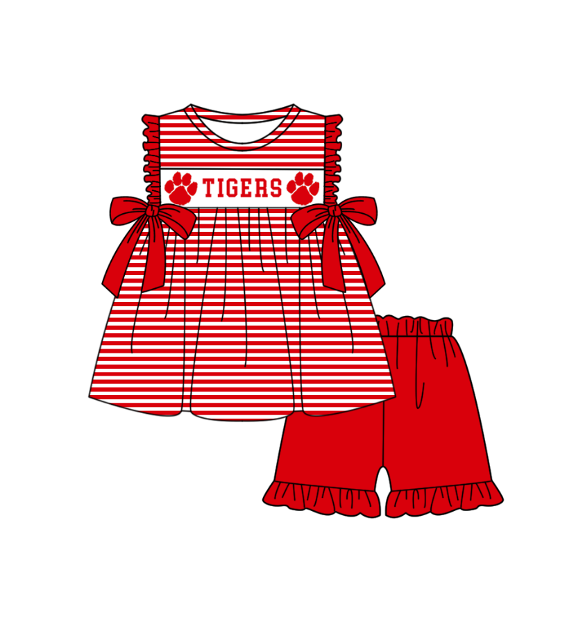 Preorder (moq 5)Baby Girls Sleeveless Tiger Stripe Tunic Ruffle Short Team Clothes Sets