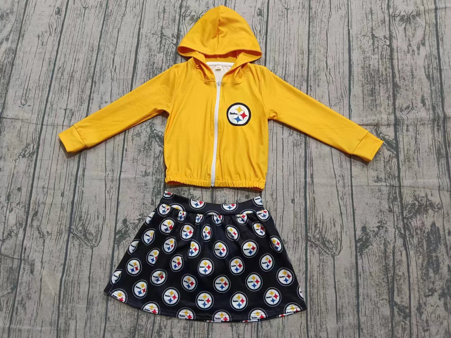 Preorder (moq 5)Baby Girls Yellow Steelers Hoodie Jacket Skorts Team Clothes Sets