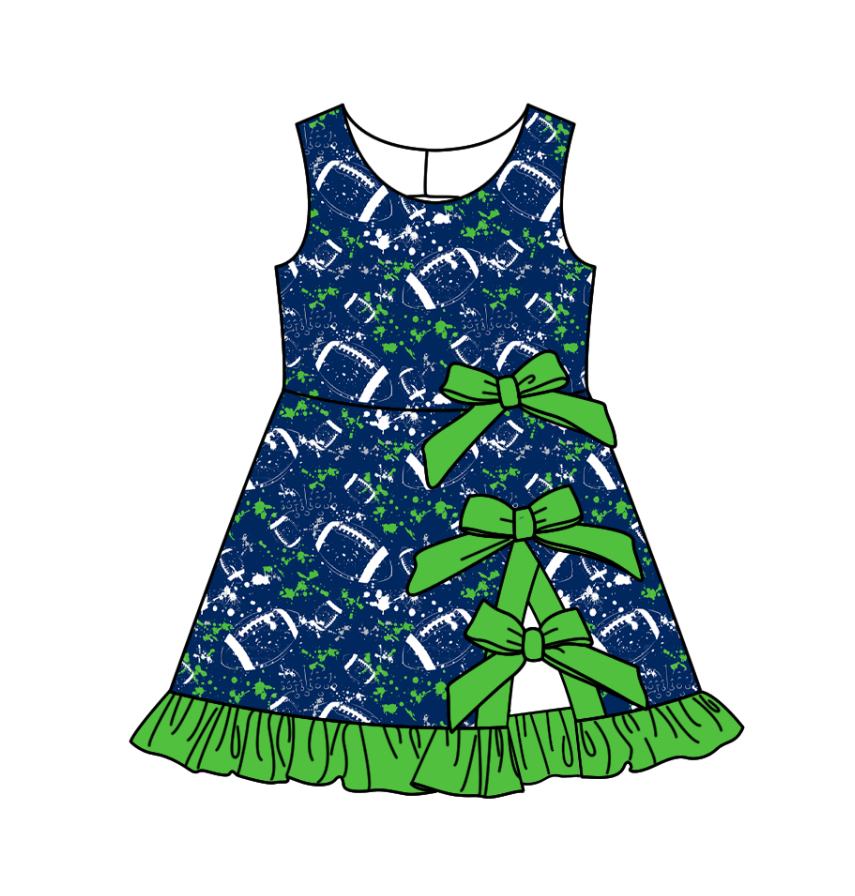 Preorder (moq 5)Baby Girls Tie-dye Footballs Print Team Bows Shorts Knee Length Dress