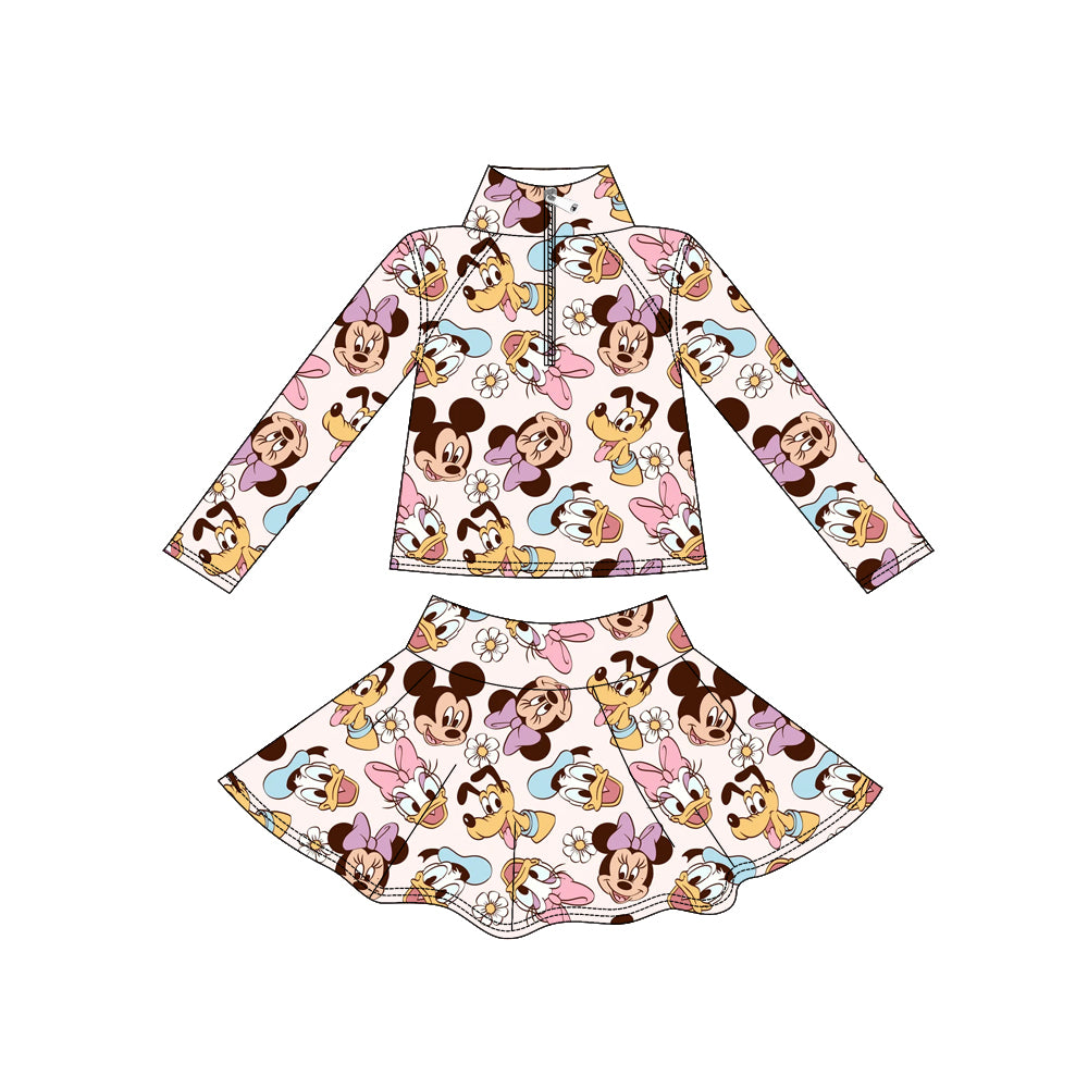 Preorder (moq 5)Baby Girls Long Sleeve Cartoon Heads Zip Pullover Skorts Yoga Clothes Sets