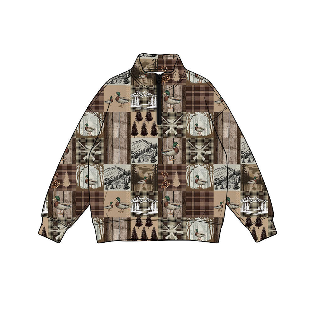 Preorder(moq 5) Baby Boys Long Sleeve Khaki Checked Ducks Hunting Zip Pullovers Top