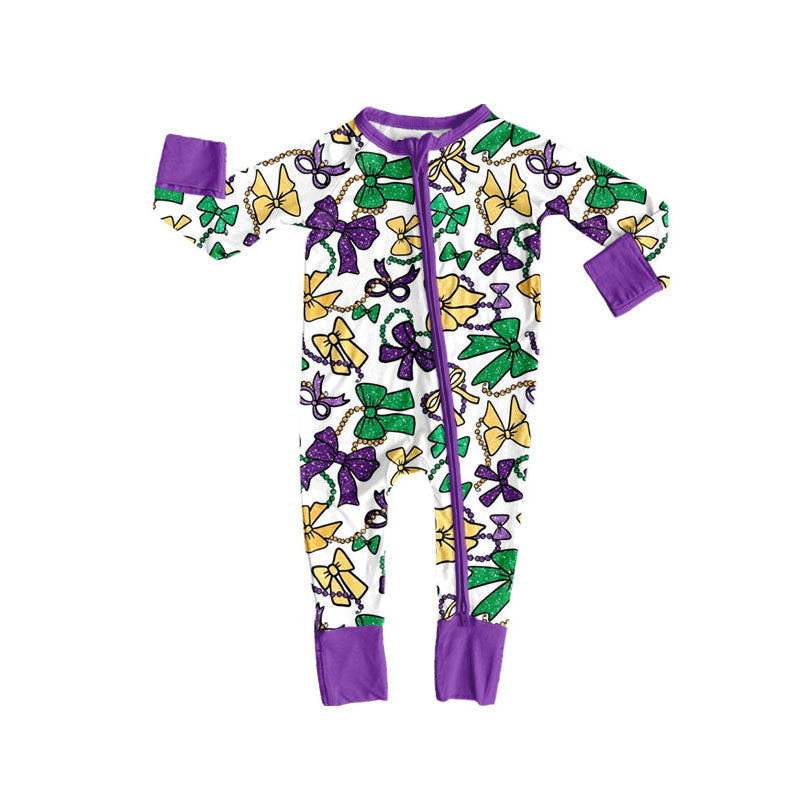 Preorder (moq 5)Baby Girls Purple Yellow Green Bows Mardigras Zipper Footie Rompers