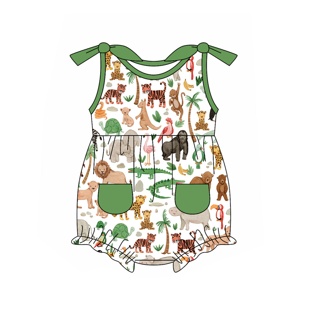 Preorder(moq 5)Baby Infant Girls Animals Green Pockets Summer Rompers