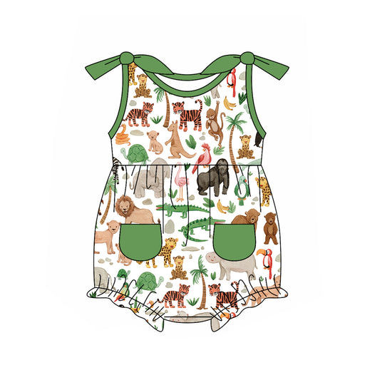 Preorder(moq 5)Baby Infant Girls Animals Green Pockets Summer Rompers