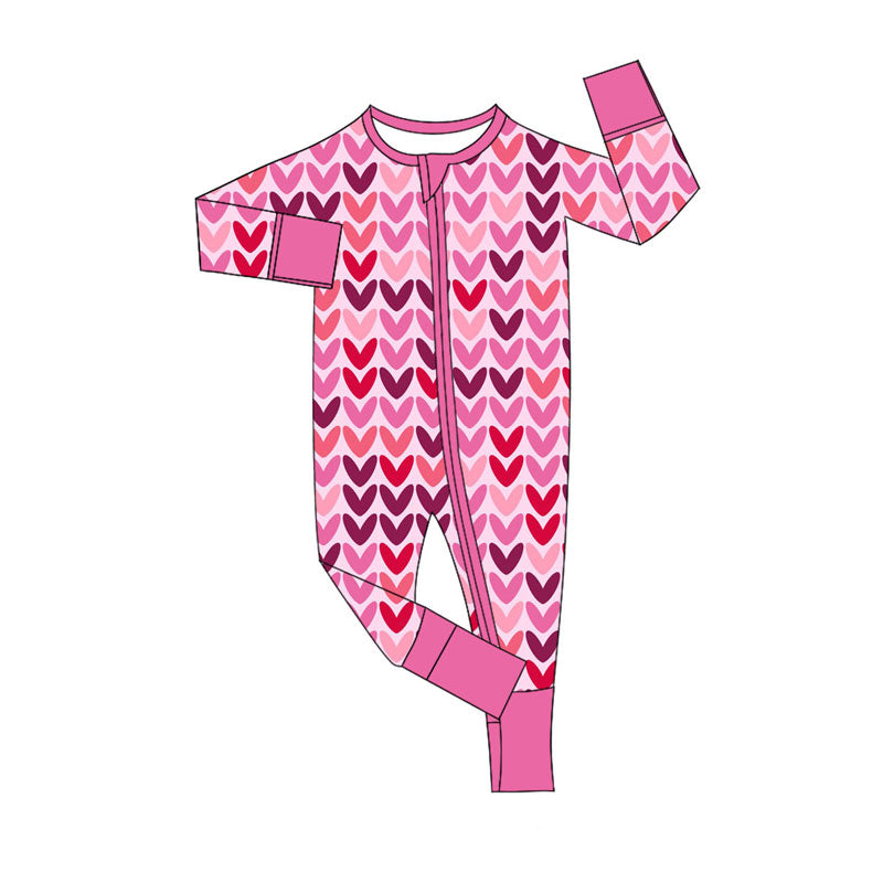Preorder (moq 5)Baby Girls Pink Hearts Valentine Zipper Footie Rompers
