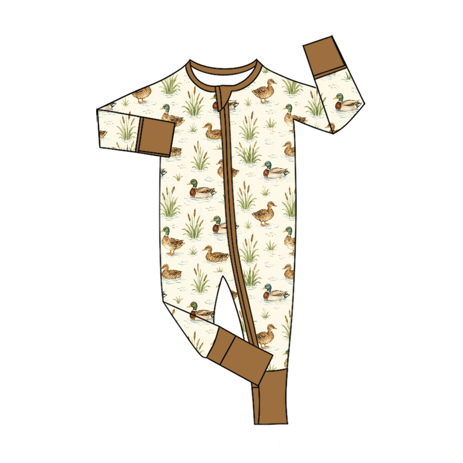 Preorder (moq 5) Baby Boy Clothes Standing Mallard Duck Pond Allover Print Long Sleeve Zip Romper Jumpsuit