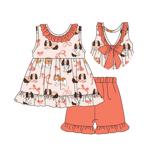 Preorder (moq 5)Baby Girls Peach Sleeveless Bows Dogs Tunic Ruffle Short Clothes Sets