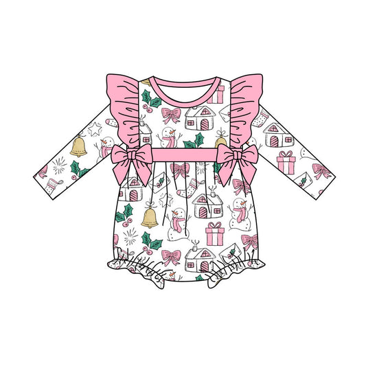 Preorder (moq 5)Baby Girls Snowmen Holly Christmas Ruffle Rompers