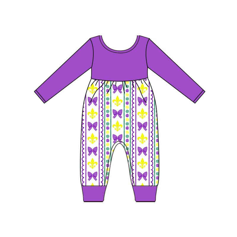 Preorder (moq 5)Baby Girls Long Sleeve Purple Yellow Green Bows Mardigras Footie Rompers