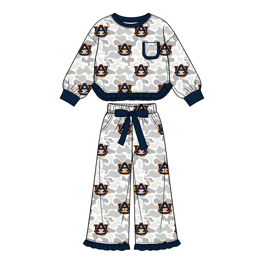 Preorder (moq 5) Baby Girl Clothes Light Camo Two-Tone Letter Icon Print Long Sleeve Ruffle Detail Top Wide Leg Pant Outfit Set