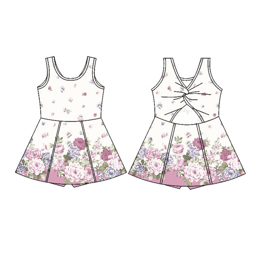 Preorder (moq 5)Baby Girls Sleeveless Lavender Roses Shorts Knee Length Dress