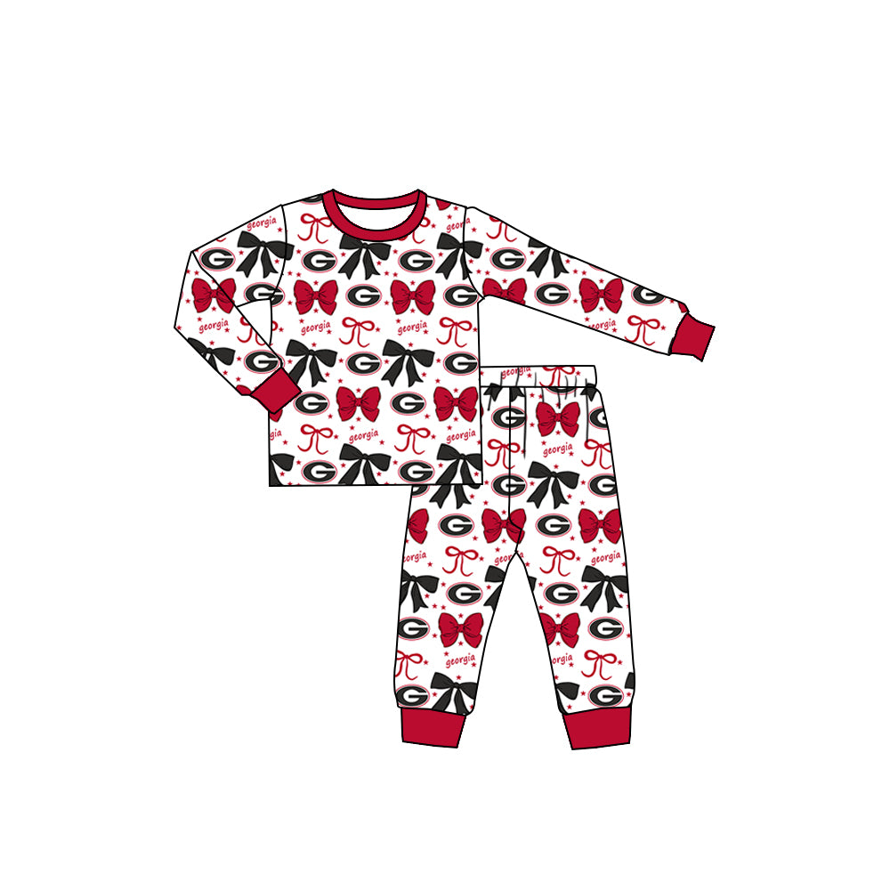Preorder (moq 5)Baby Girls Red Georgia Team Bows Top Pants Pajamas Sets
