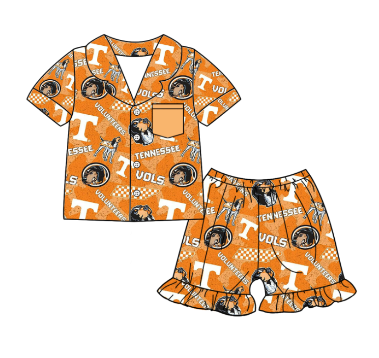 Preorder (moq 5)Baby Girls Short Sleeves Orange Vols Dogs Button Pocket Top Ruffle Shorts Team Pajamas Set