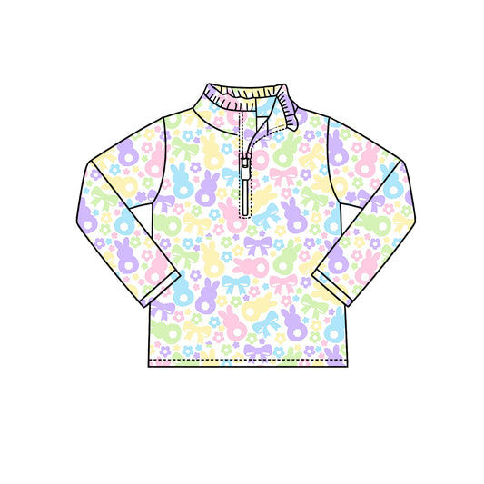 Preorder (moq 5) Baby Girl Clothes Pastel Bunny Bow Allover Print Long Sleeve Half Zip Top