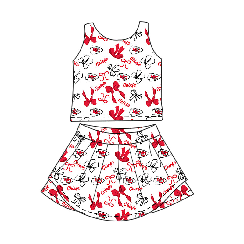 Preorder (moq 5)Baby Girls Sleeveless Red Bows Plaid KC Top Skorts Team Set