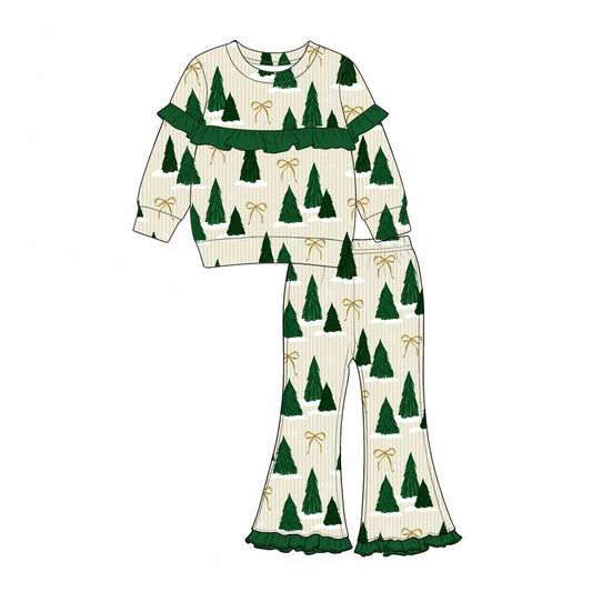 Preorder (moq 5)Baby Girls Green Stripe Bows Trees Top Flare Pant Christmas Clothes Set