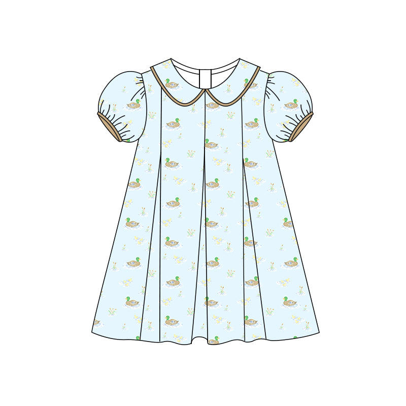 Preorder (moq 5)Baby Girls Blue Short Ruffle Sleeves Ducks Print Knee Length Dress