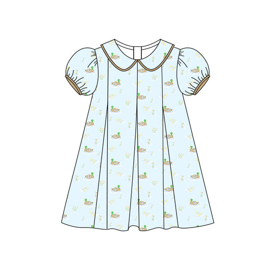Preorder (moq 5)Baby Girls Blue Short Ruffle Sleeves Ducks Print Knee Length Dress