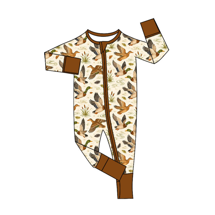 Preorder (moq 5) Baby Boy Clothes Colorful Mallard Duck Cattail Print Long Sleeve Zipper Romper