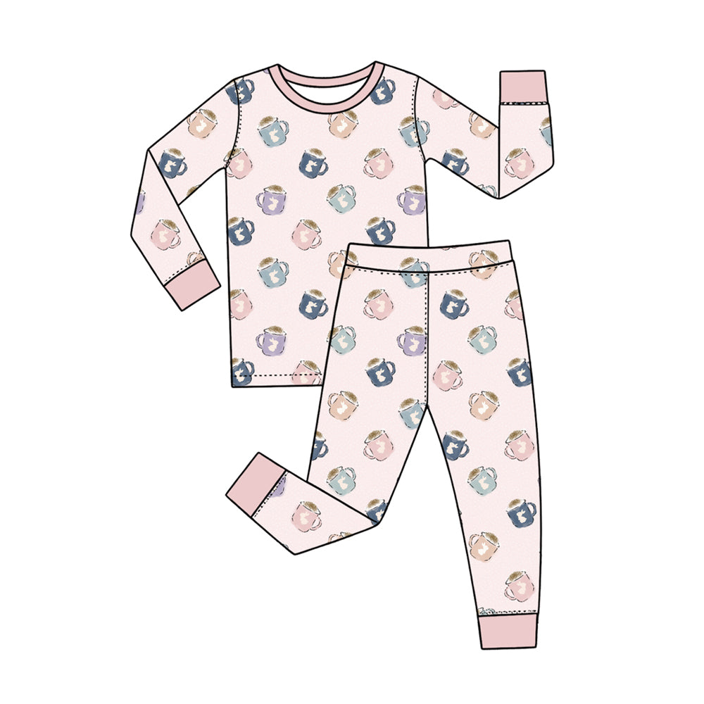 Preorder (moq 5) Baby Girl Clothes Easter Cute Mug Bunny Mixed Print Long Sleeve Pajama Set