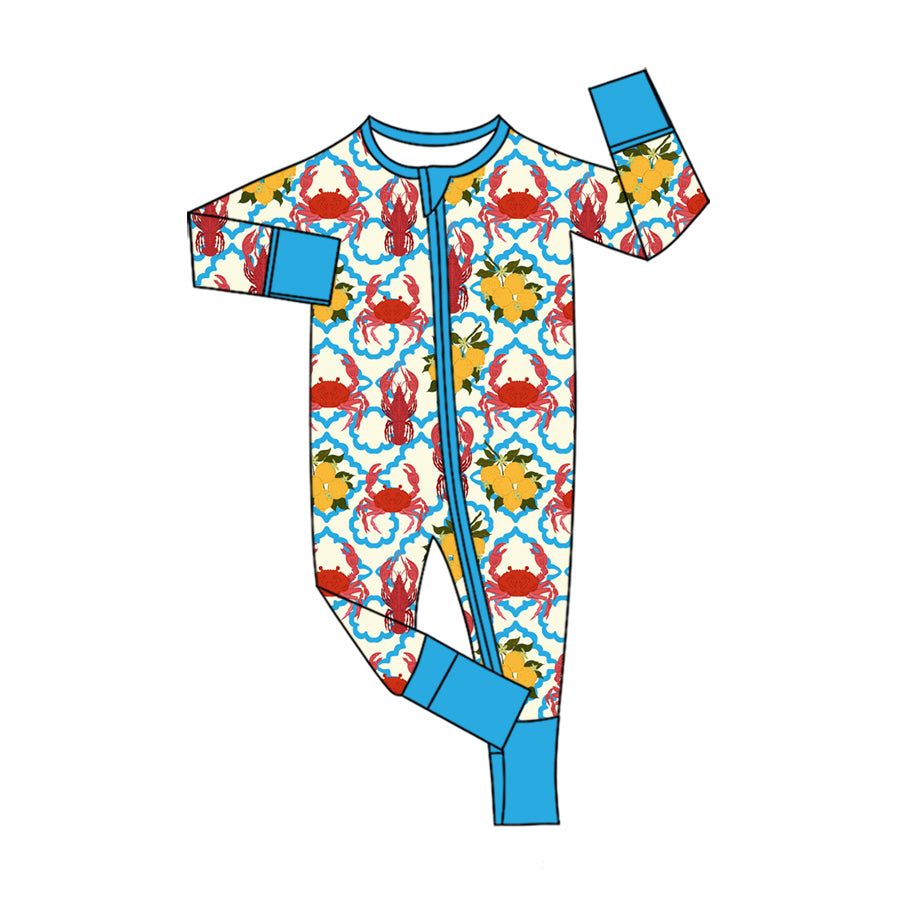 Preorder (moq 5) Baby Girl Crab Lemon Blue Quatrefoil Print Long Sleeve Zipper Romper Boutique Baby Clothes