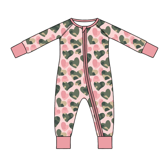 Preorder (moq 5) Baby Girl Clothes Pink Base Camo Heart Mixed Print Long Sleeve Zipper Romper