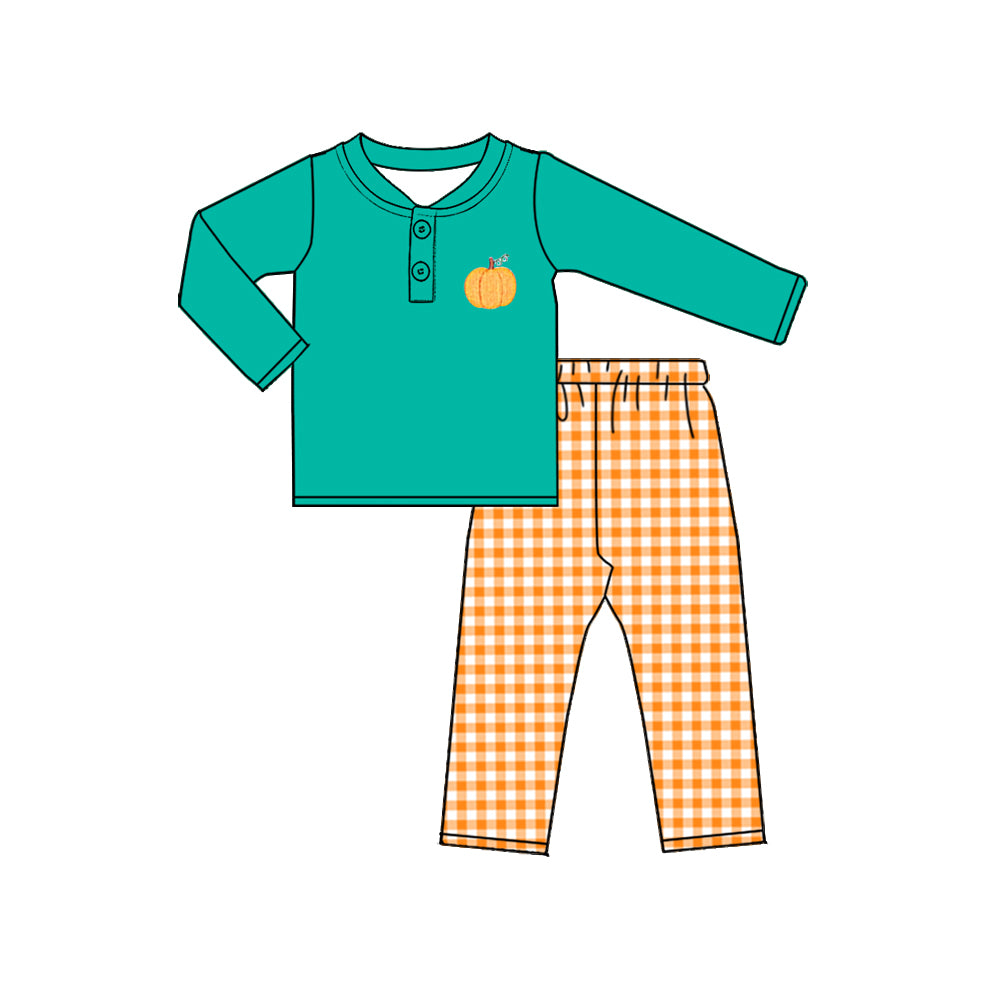 Preorder (moq 5)Baby Boys Pumpkins Button Top Checked Pant Fall Clothes Sets