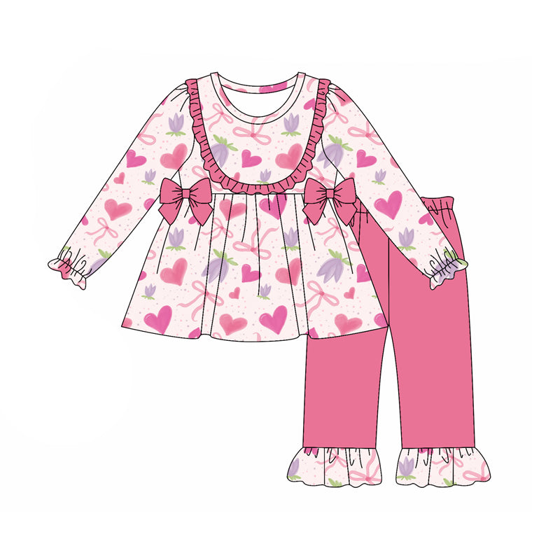 Preorder (moq 5)Baby Girls Long Sleeves Pink Hearts Bows Flowers Tunic Ruffle Pants Set