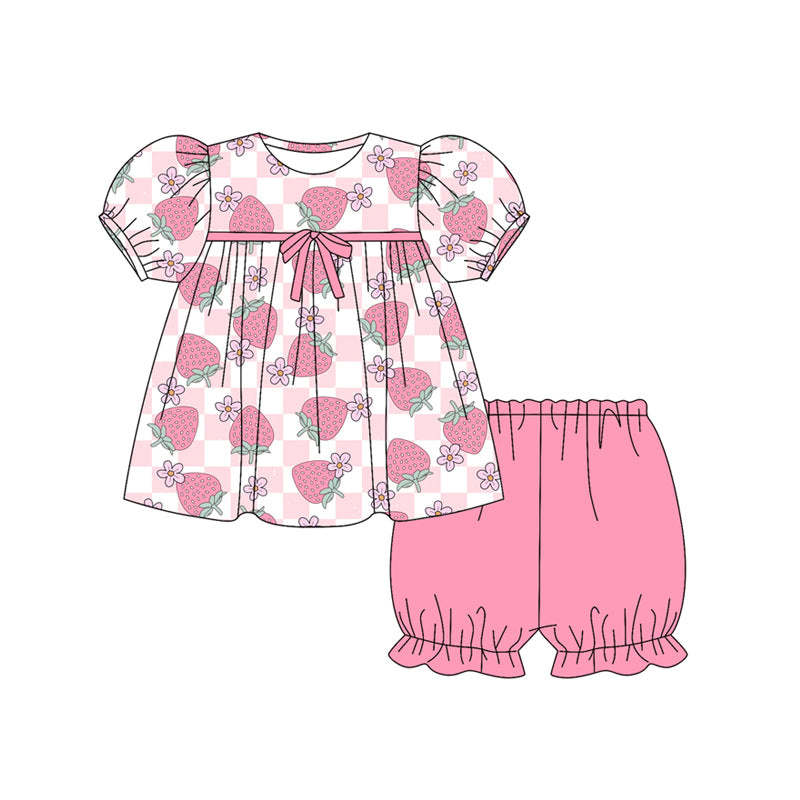 Preorder (moq 5)Baby Girls Pink Plaid Short Ruffle Sleeves Flowers Strawberry Tunic Shorts Set