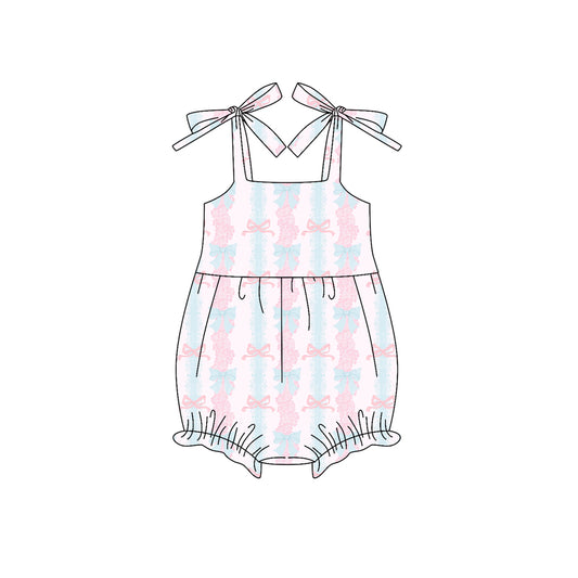 Preorder (moq 5)Baby Girls Bows Strap Pink Bows Floral Stripe Ruffle Rompers